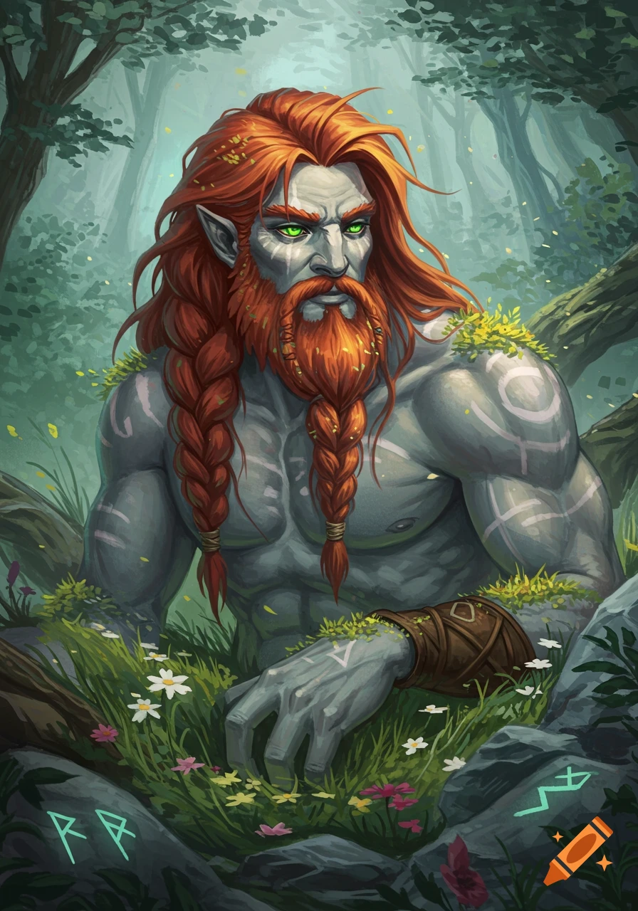 A muscular Firbolg with long red hair, braided beard, and gray-blue skin with runes sits in a magical forest, surrounded by flowers.
