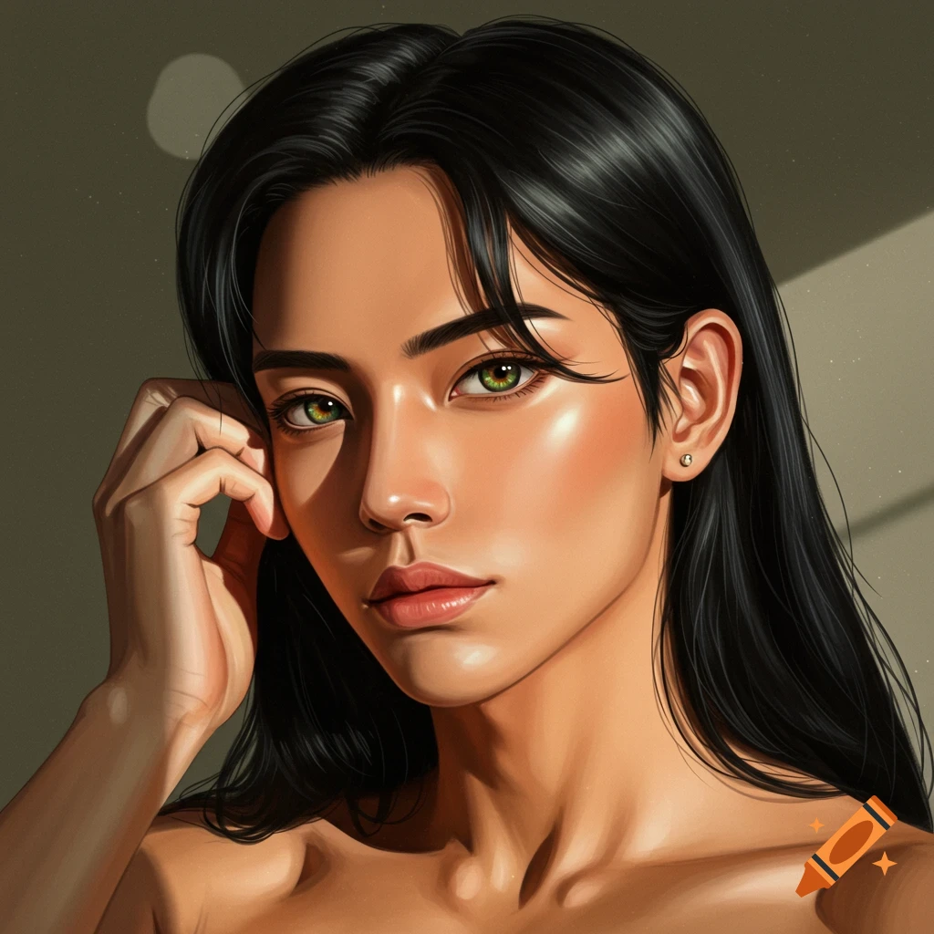 A close-up digital painting of a person with long black hair, light skin, and green eyes, softly lit.