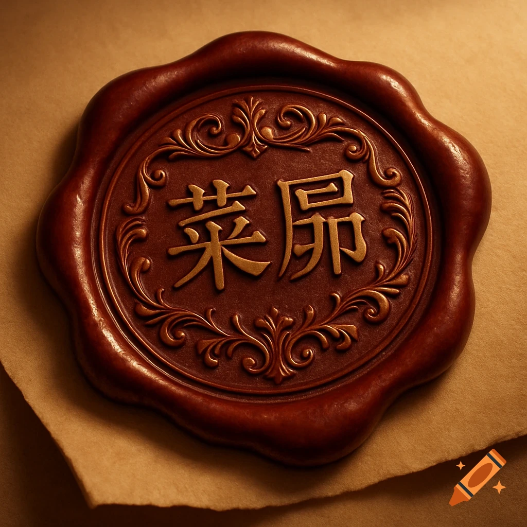 A reddish-brown wax seal with ornate golden patterns and the Chinese characters " 莱昂" embossed in gold, resting on light brown parchment paper.