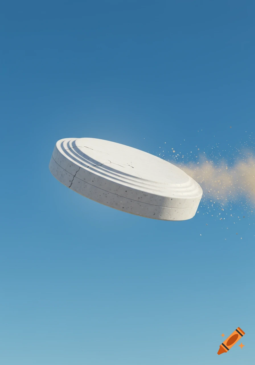 A white clay pigeon target shatters in mid-air against a clear blue sky, with debris and dust flying off.