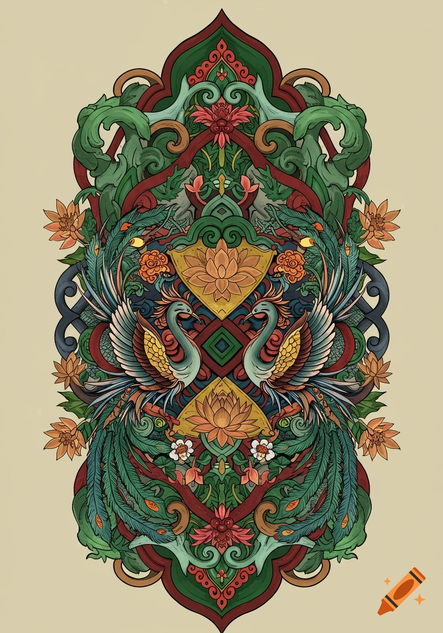 Symmetrical Korean Dancheong style tattoo design with two peacocks, lotus flowers, and ornate foliage in green, red, and gold.