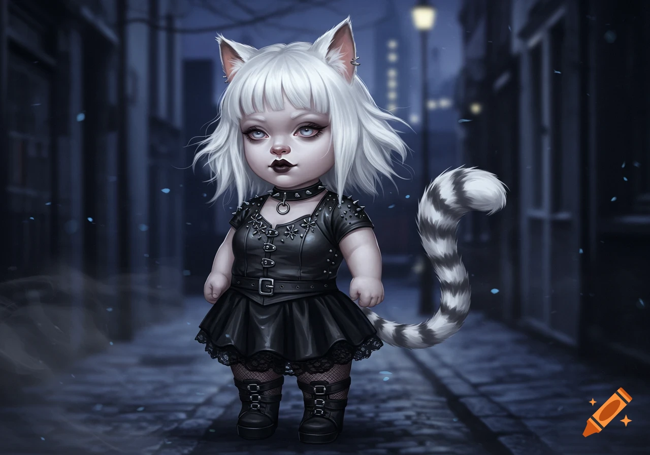 Stylized albino cat-girl with white hair, goth attire, and striped tail stands in a dark alley at night.