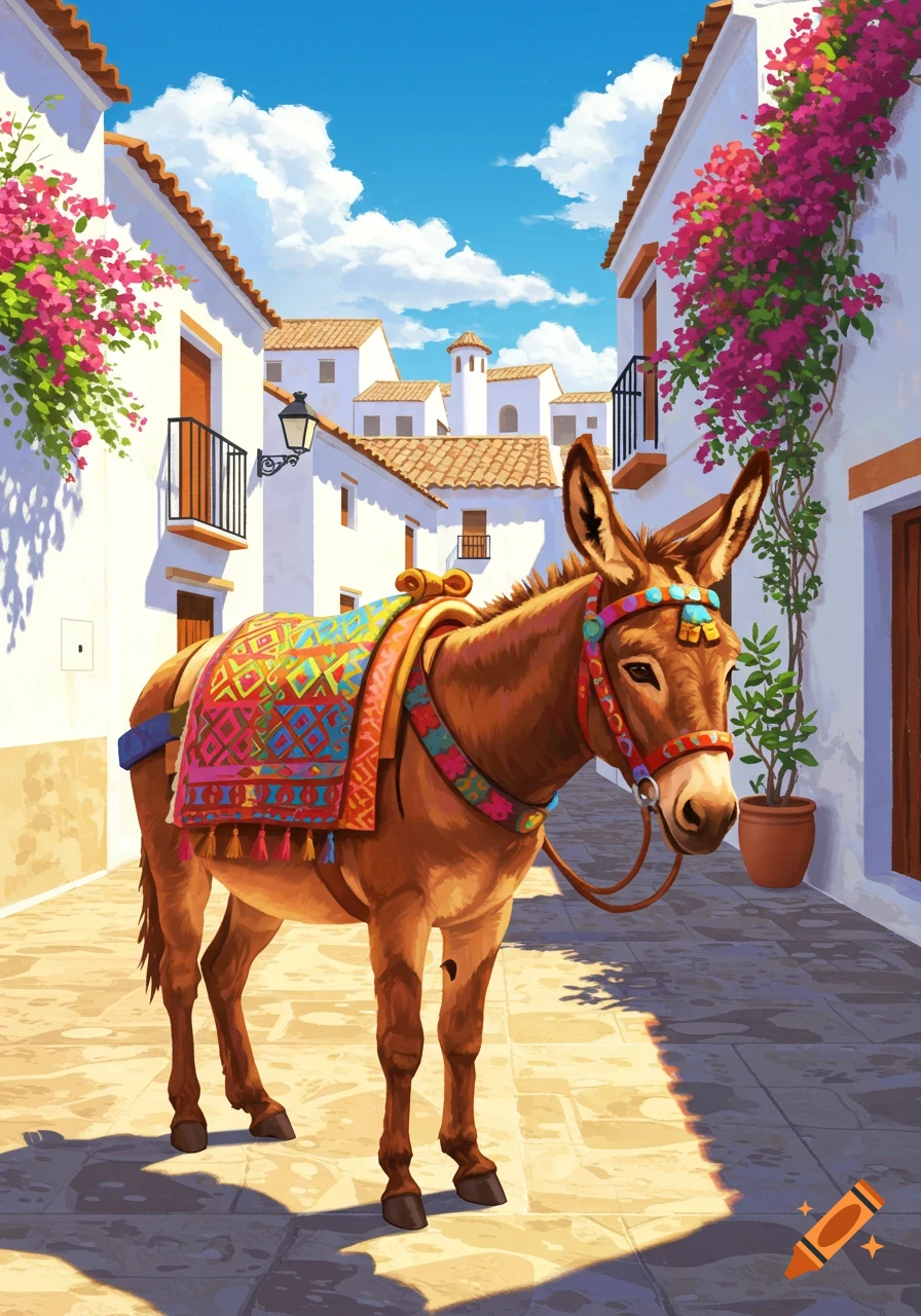 An illustrated brown donkey wearing a colorful blanket and bridle stands in a sunny Spanish village street with white buildings and pink flowers.