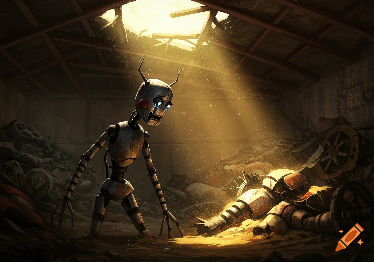 A sad, puppet-like robot with glowing blue tears stands in a dusty junkyard, observing a broken robot in a sunbeam.