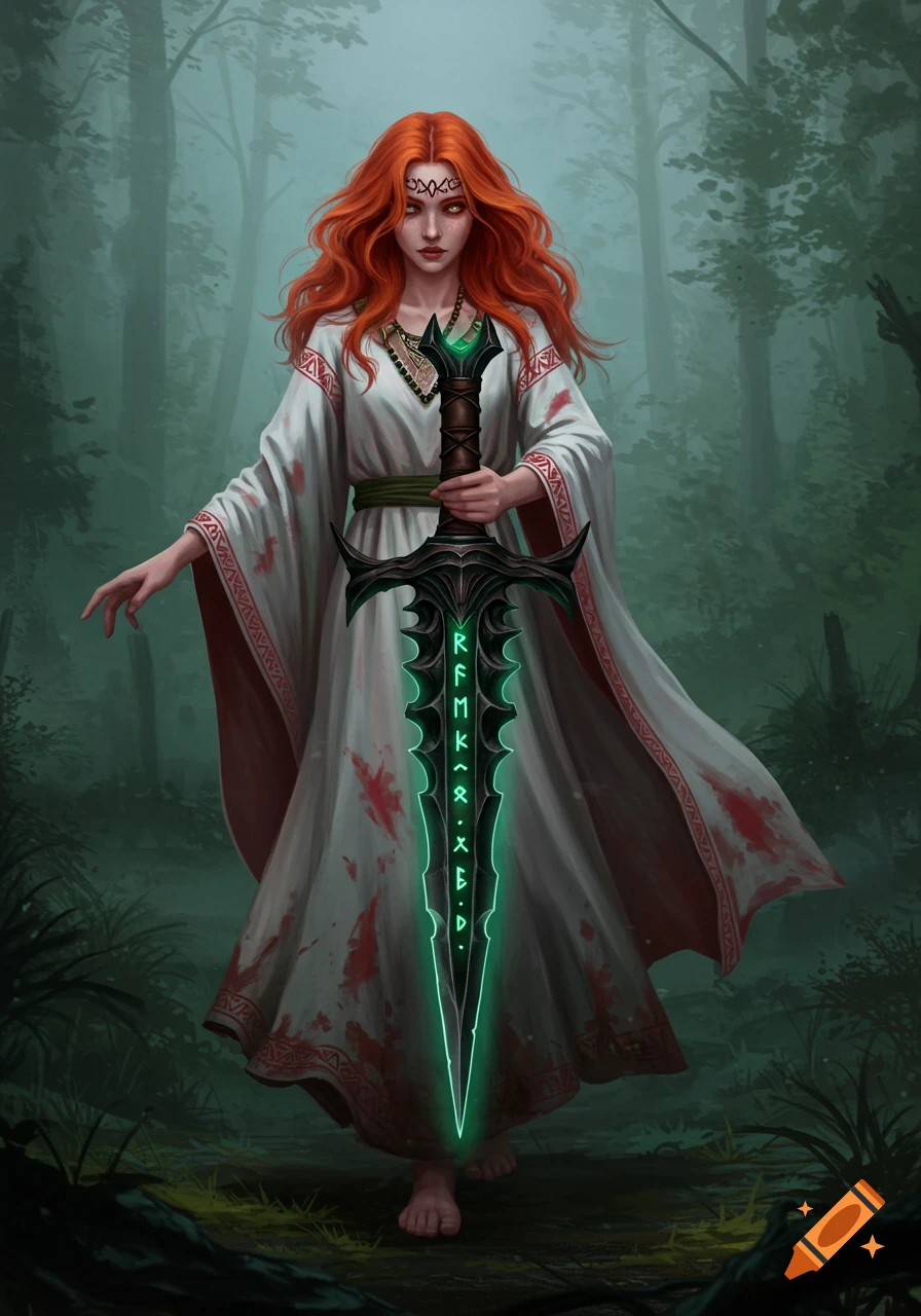 A red-haired priestess in a white, blood-stained dress stands in a misty forest, holding a glowing green rune-covered sword.