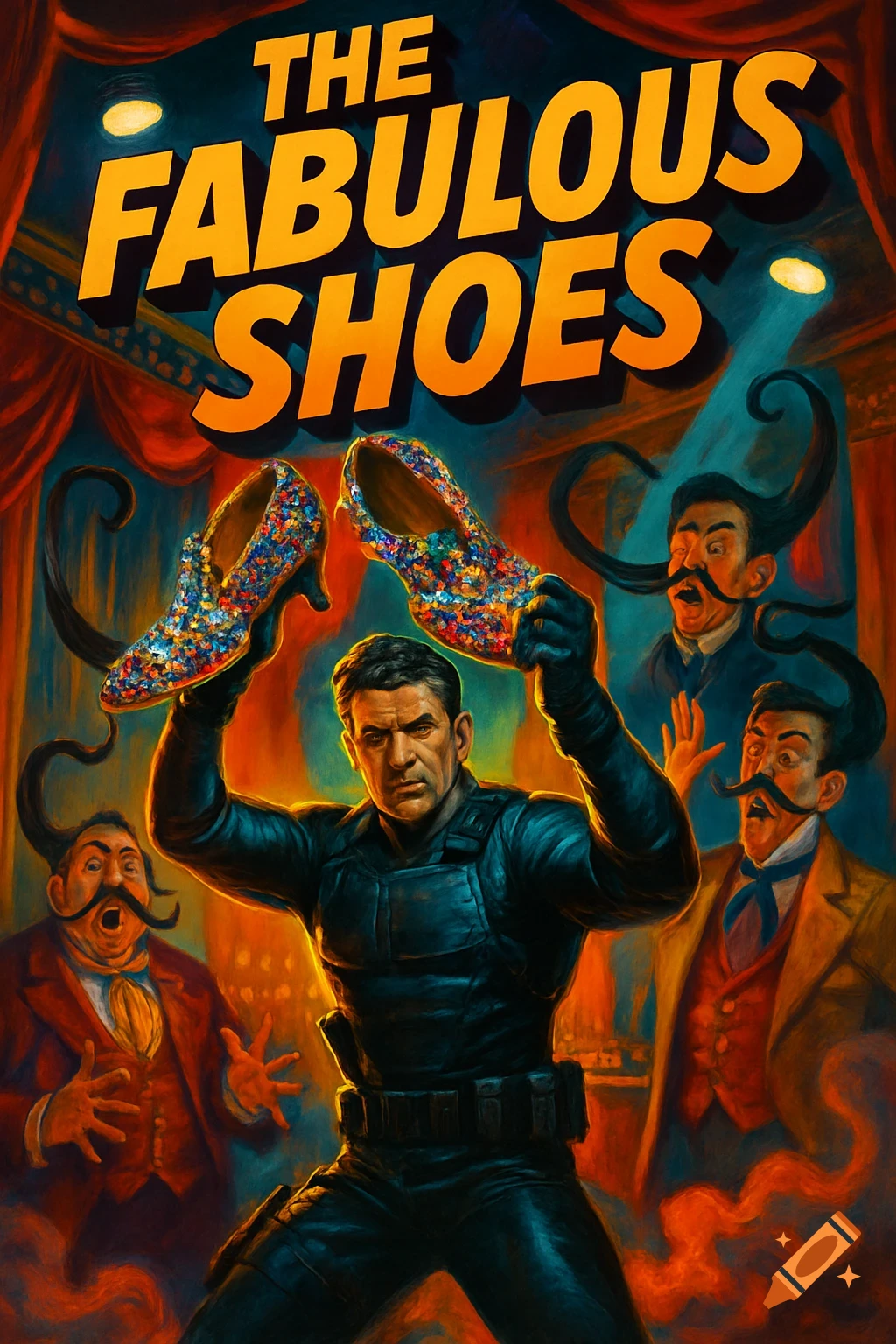 Movie poster for 'The Fabulous Shoes' with a man holding sparkly heels, surrounded by surprised men with long mustaches.