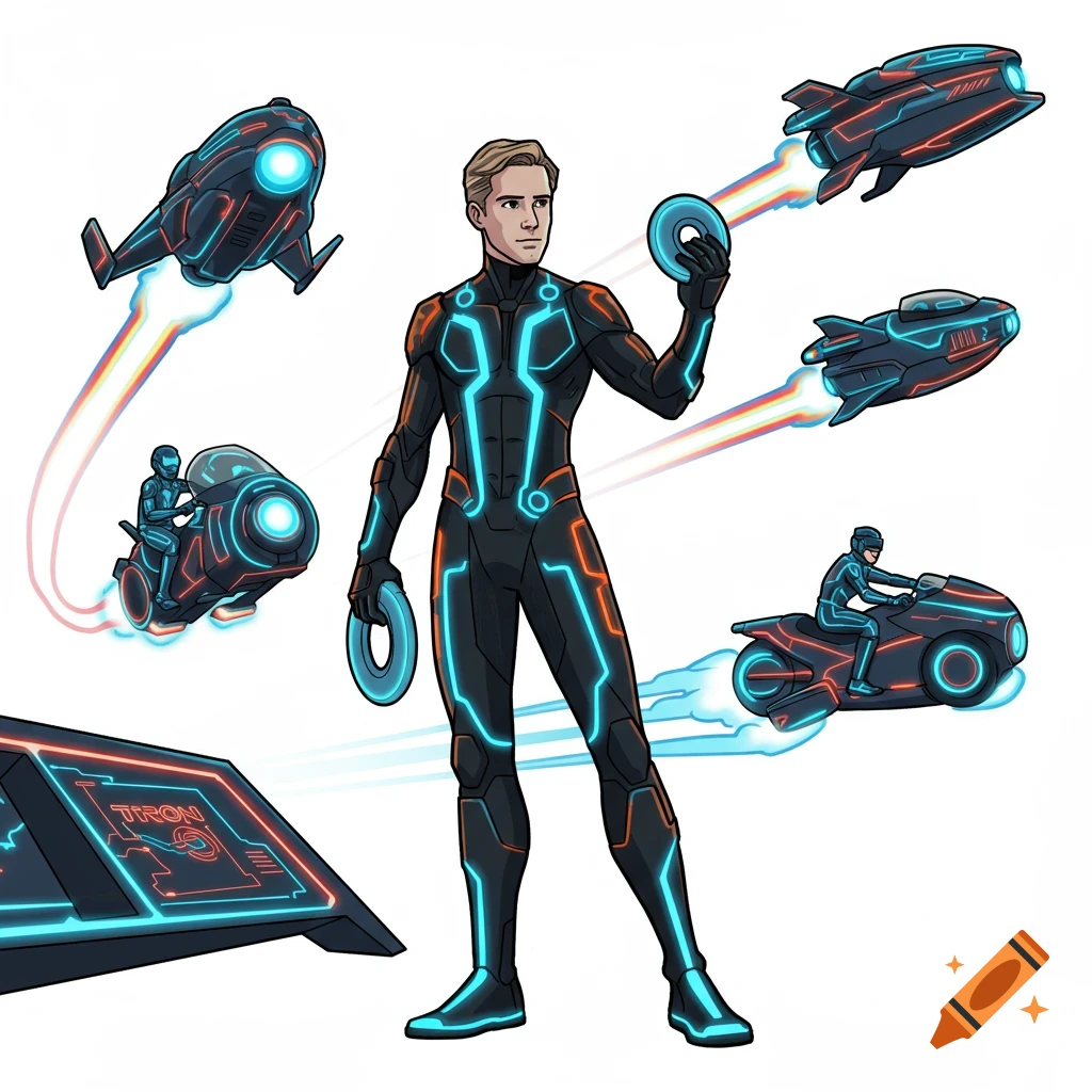 Cartoon of a man in a black Tron suit with glowing blue and orange lines, holding light disks, surrounded by sci-fi vehicles on a white background.