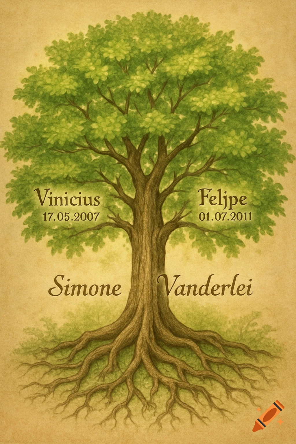 Stylized green family tree illustration with names and dates on a yellow textured background.