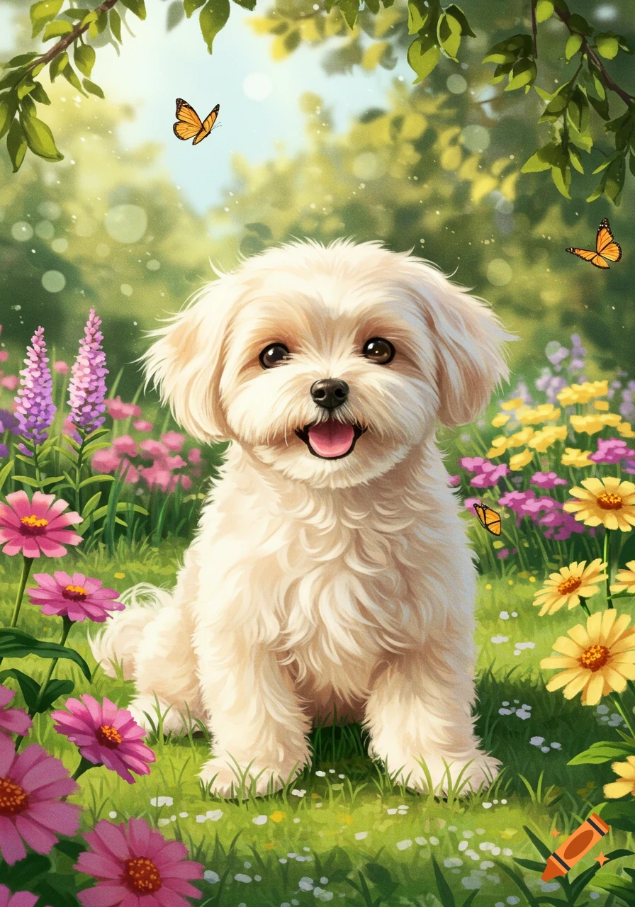 A fluffy white maltipoo dog sits happily in a vibrant flower garden with butterflies, bathed in dappled sunlight.