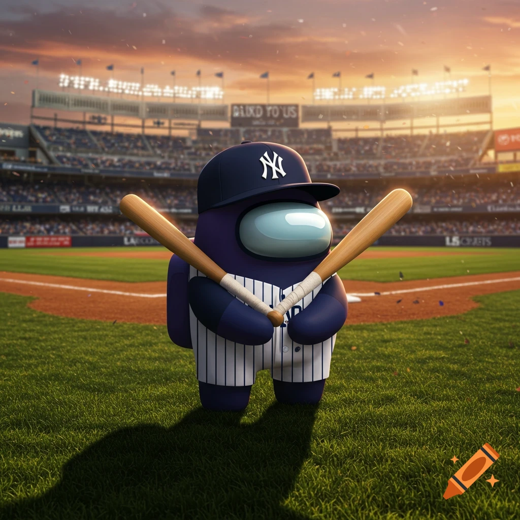An Among Us character in a New York Yankees uniform and cap, holding two baseball bats, standing on a baseball field at sunset.