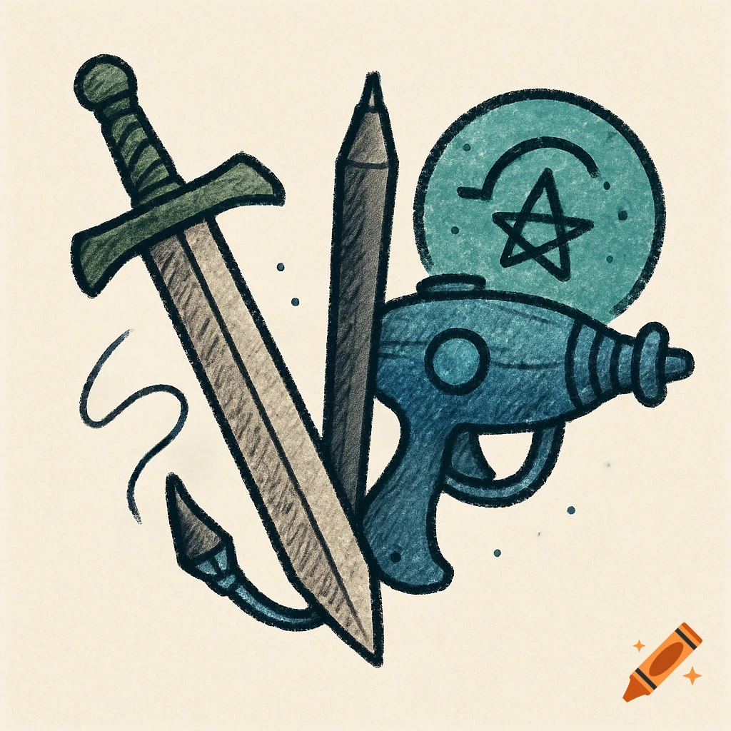A hand-drawn style logo featuring a sword, a pencil, a ray gun, and a magical symbol with textured shading.