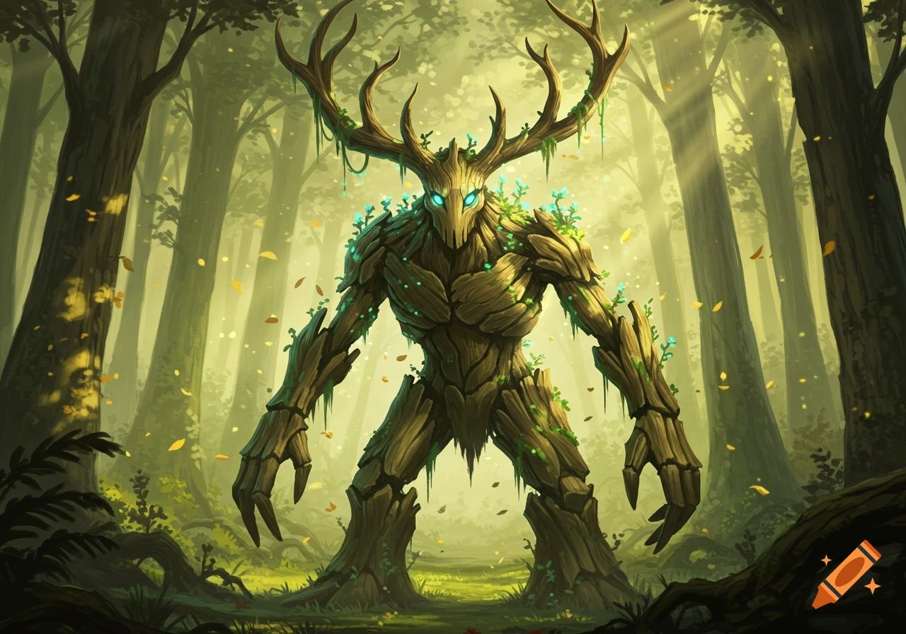 A formidable treant, a humanoid tree creature with glowing blue eyes and large antlers, stands in a sunlit fantasy forest.