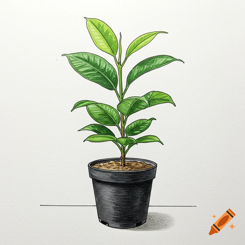 A hand-drawn colored pencil sketch of a Ficus plant with green leaves in a black pot on a white background.