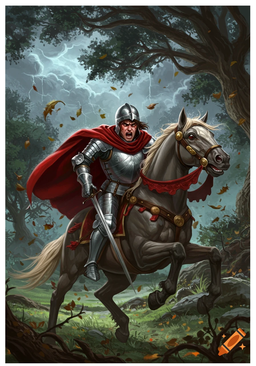 An armored knight with a red cape and an angry expression rides a horse through a stormy forest, holding a sword.