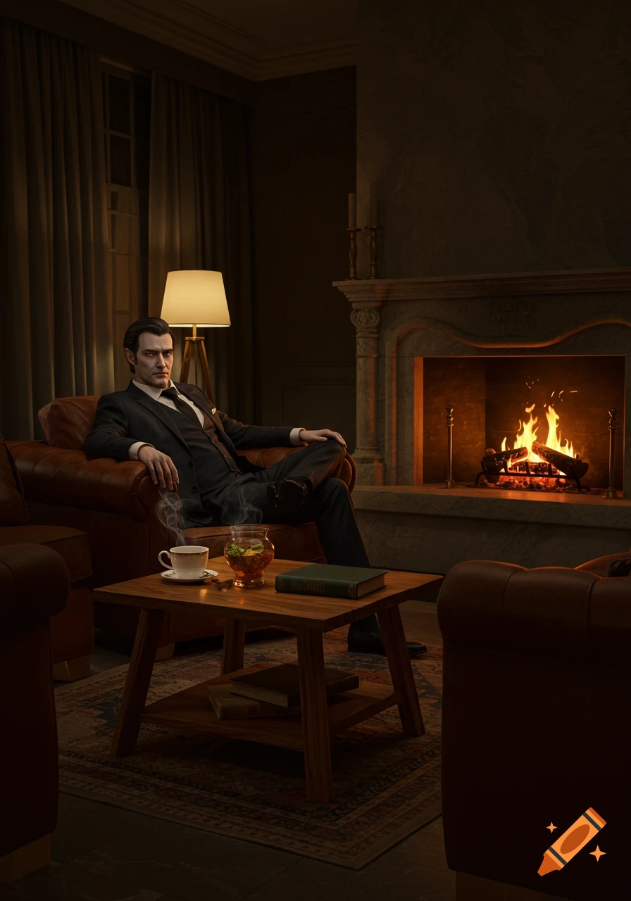 A photorealistic image of a vampire man in a suit relaxing in an armchair by a fireplace in a cozy, dimly lit room.