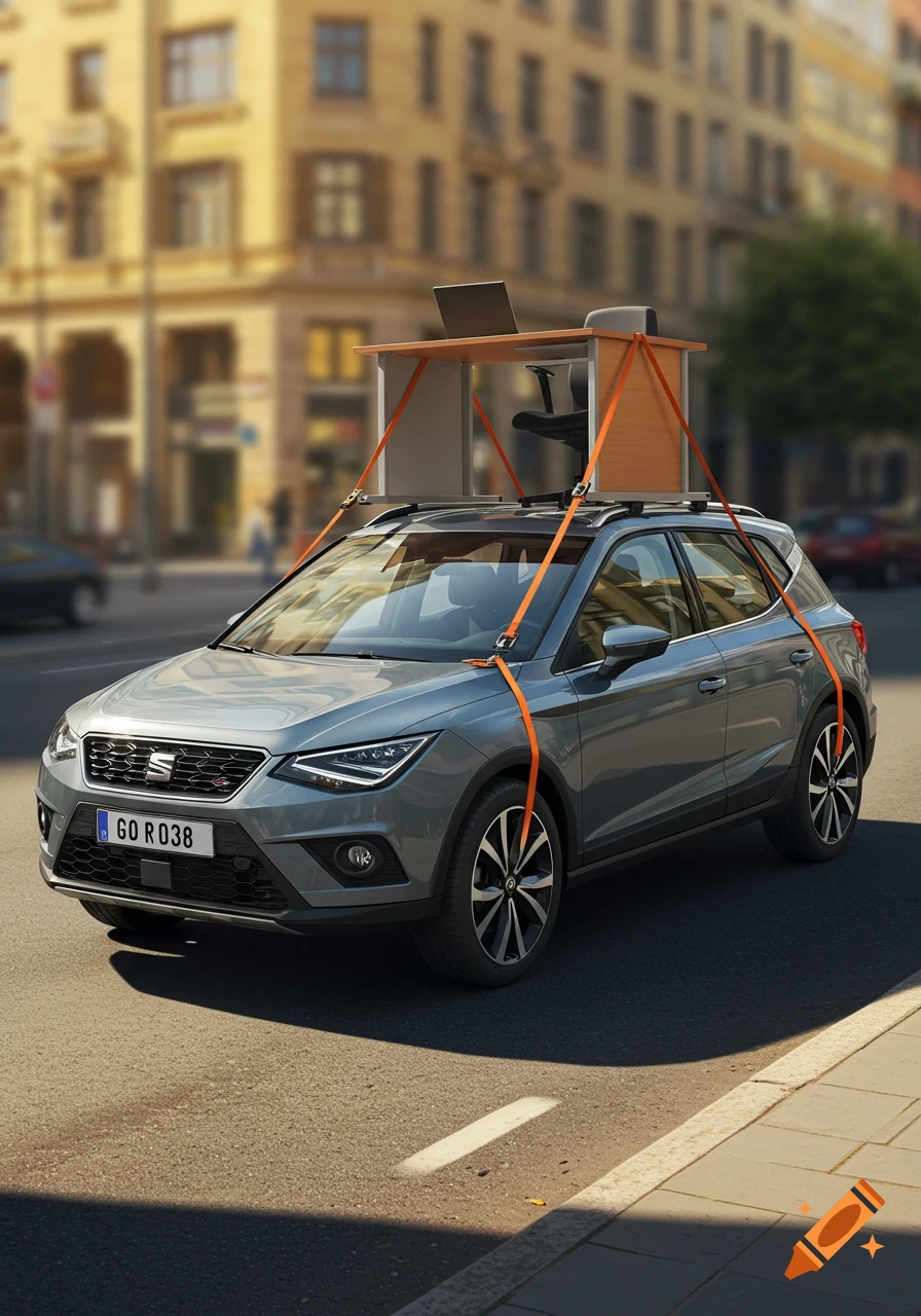 A grey Seat Arona SUV with a wooden desk and office chair strapped to its roof with orange straps, parked on an urban street.