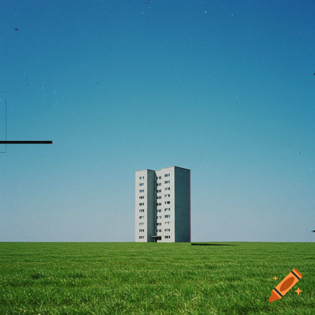 A gray apartment block stands alone in a vast green field under a clear blue sky, with a stylistic VHS effect.