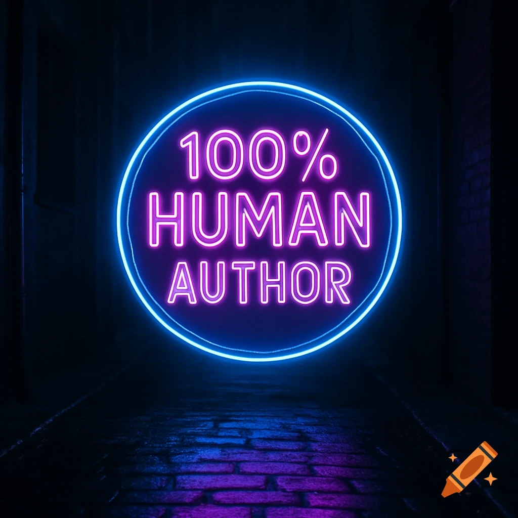 A glowing blue and pink neon sign reads "100% HUMAN AUTHOR" in a dark, wet alleyway.