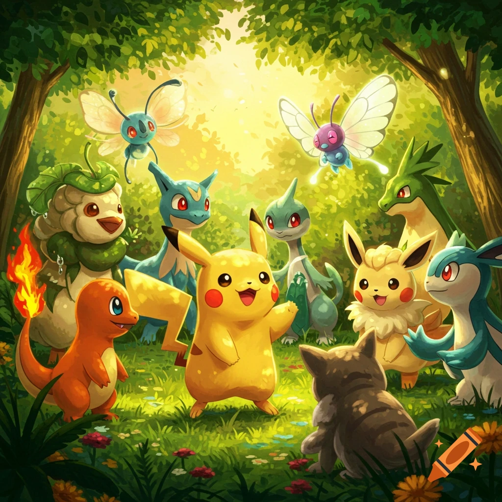 Many colorful Pokemon, including Pikachu, Charmander, and other creatures, gather in a sunny, lush forest meadow.