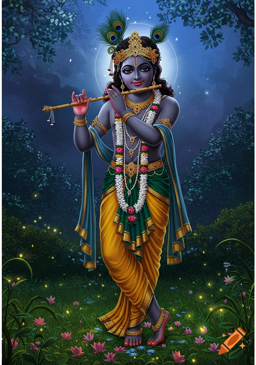 An illustration of Krishna with dark skin, holding a flute, adorned in golden jewelry and a peacock feather crown, standing in a moonlit forest with glowing flowers.