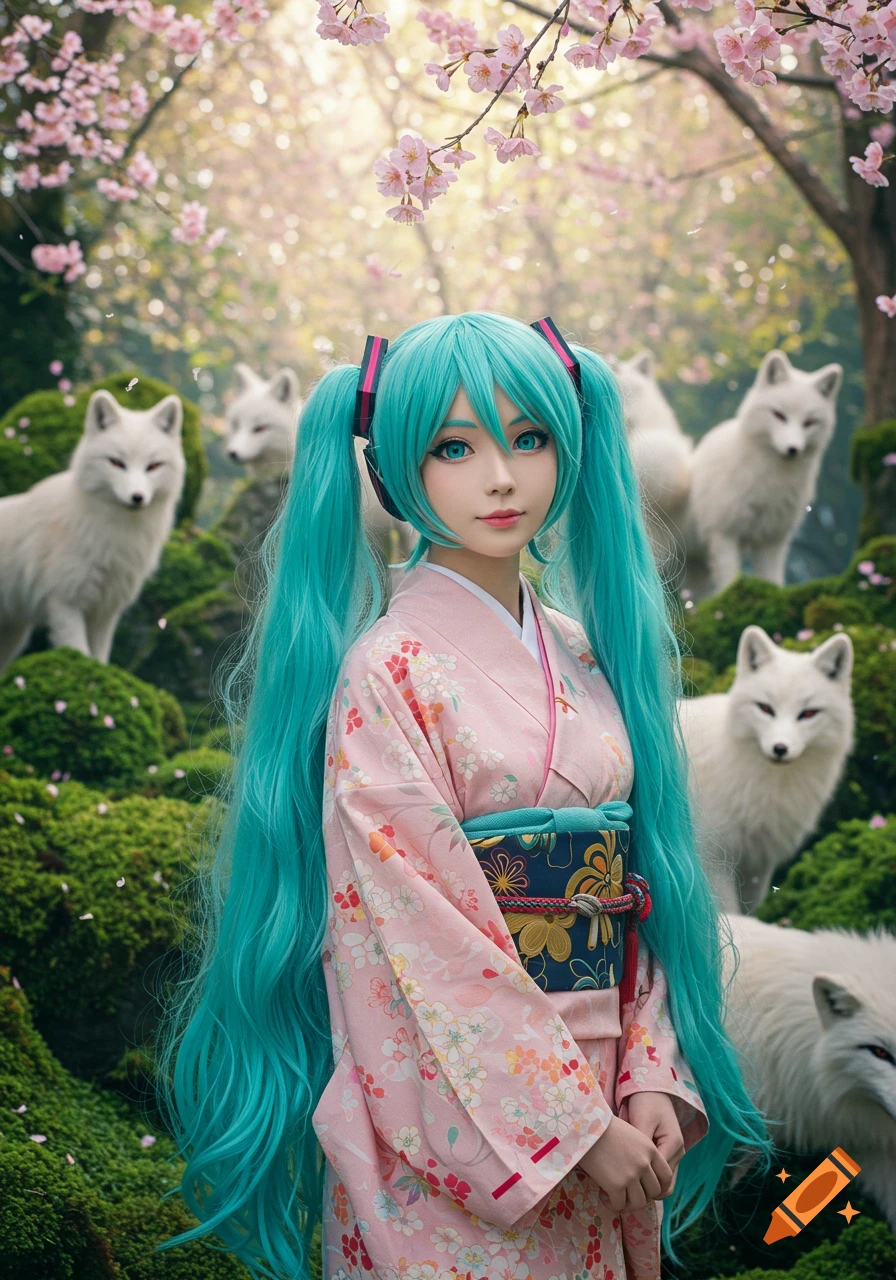 Photorealistic woman with long turquoise pigtails in a pink floral kimono stands in a cherry blossom forest with white foxes.