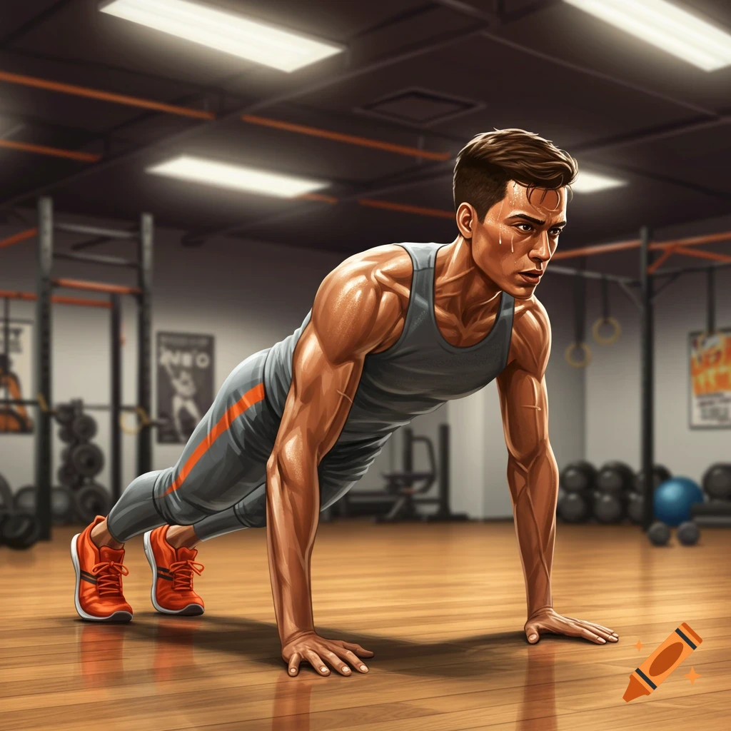 A muscular man in athletic wear performing a push-up on a wooden floor in a gym, sweat on his face. Illustrated style.