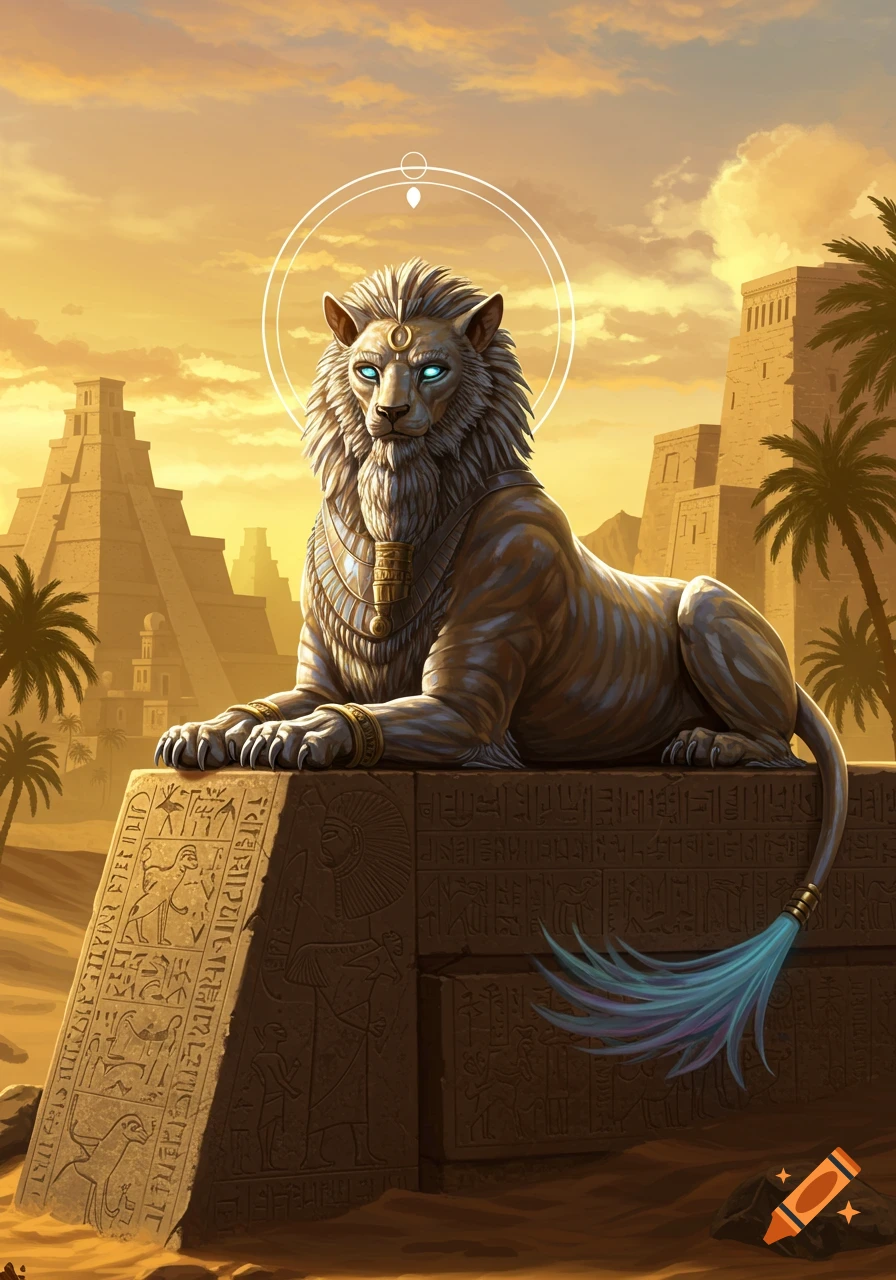 A majestic silver-furred sphinx with glowing blue eyes and a halo rests on an ancient pedestal with hieroglyphs in a golden desert with pyramids.
