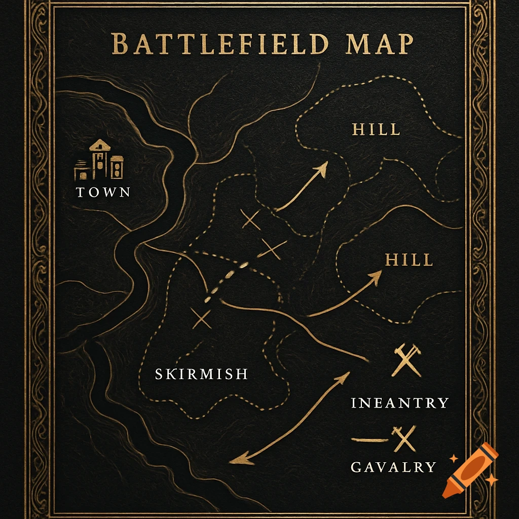 A vintage-style battlefield map with gold lines and text on a dark background, showing terrain features and troop movements.