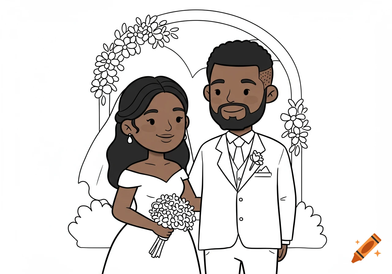 A simple cartoon of a Black man and a Mexican woman in wedding attire under a floral arch.