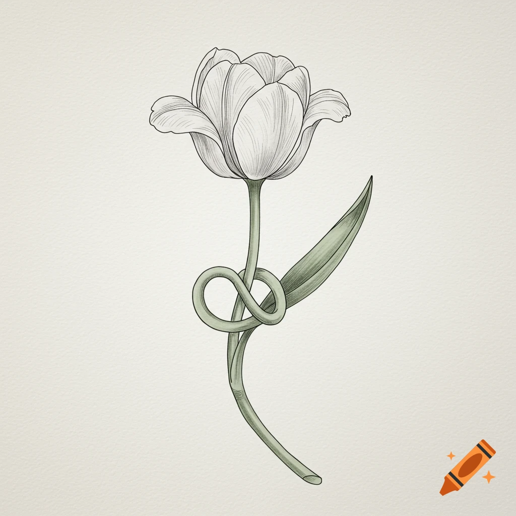 Fine line sketch of a tulip with its stem tied in an infinity knot, on a light background.