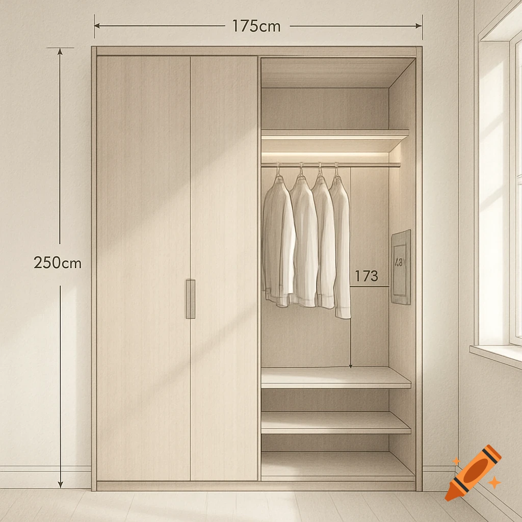 Sketch drawing of a light wood built-in wardrobe with dimensions 175cm width and 250cm height. It has closed doors on the left, an open section with hanging shirts and shelves on the right, and a framed item with 173cm height annotation.
