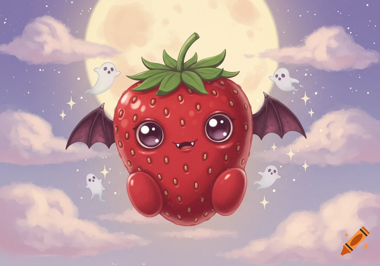 A cute cartoon strawberry with bat wings and fangs floats in a purple night sky with a full moon and ghosts.