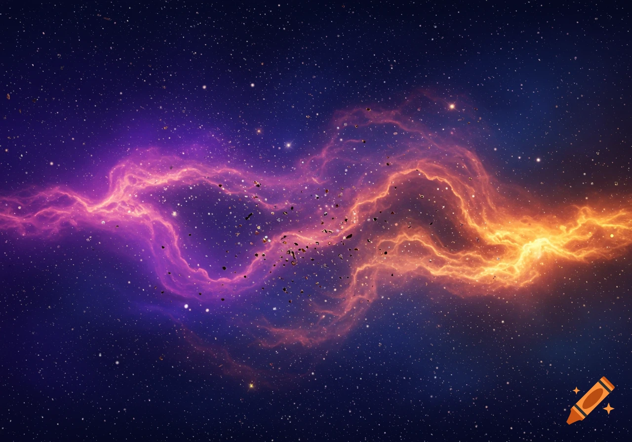 A vibrant space nebula, glowing purple and orange with cosmic dust and distant stars.