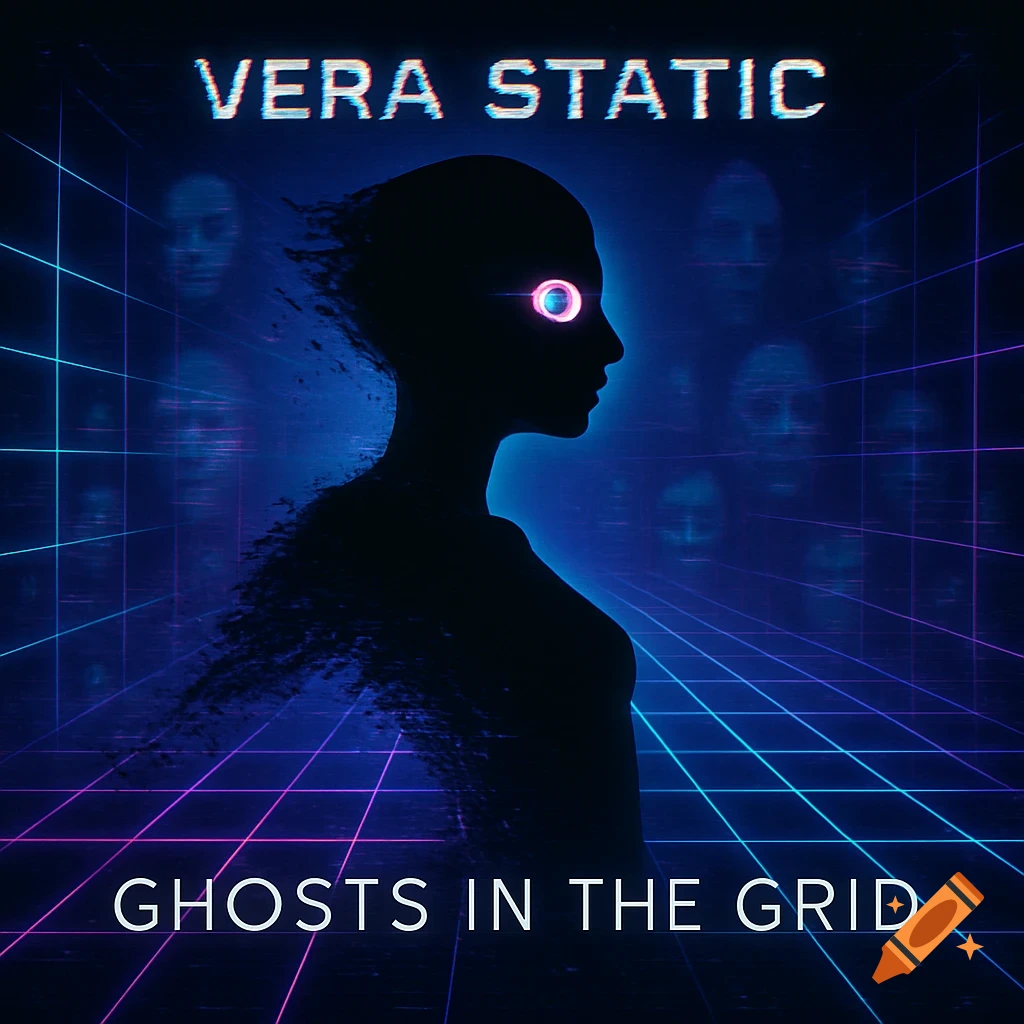 Cyberpunk album art featuring a woman's silhouette with a glowing eye, dissolving into static on a neon grid with ghostly faces. Text: Vera Static, Ghosts in the Grid.