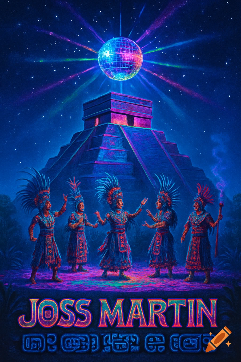Vibrant neon art of a Mayan-style pyramid under a disco ball and starry sky, with dancing figures in traditional attire. Text: Joss Martin.