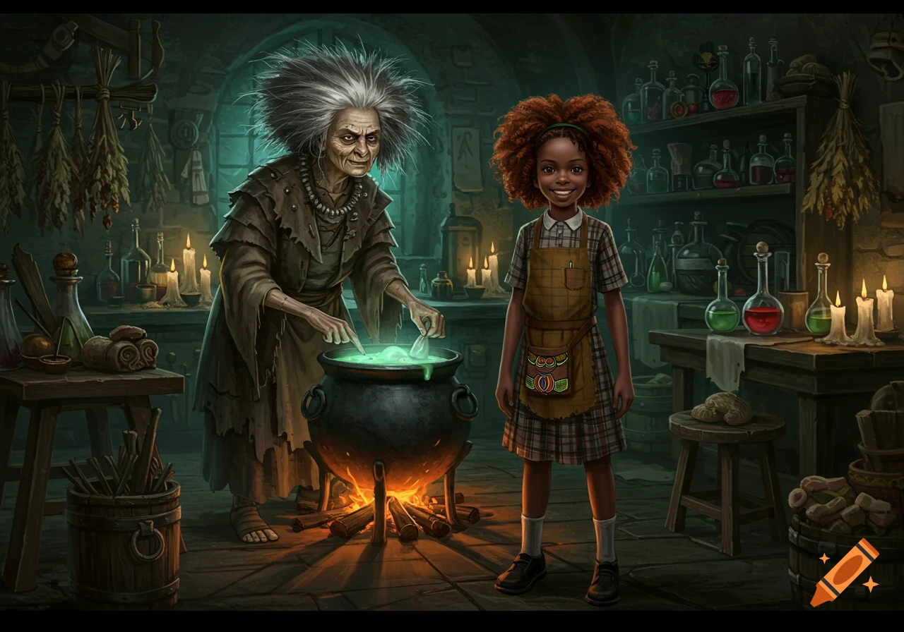 An old witch with wild gray hair stirs a glowing cauldron in a cluttered, candlelit kitchen as a smiling young girl watches.