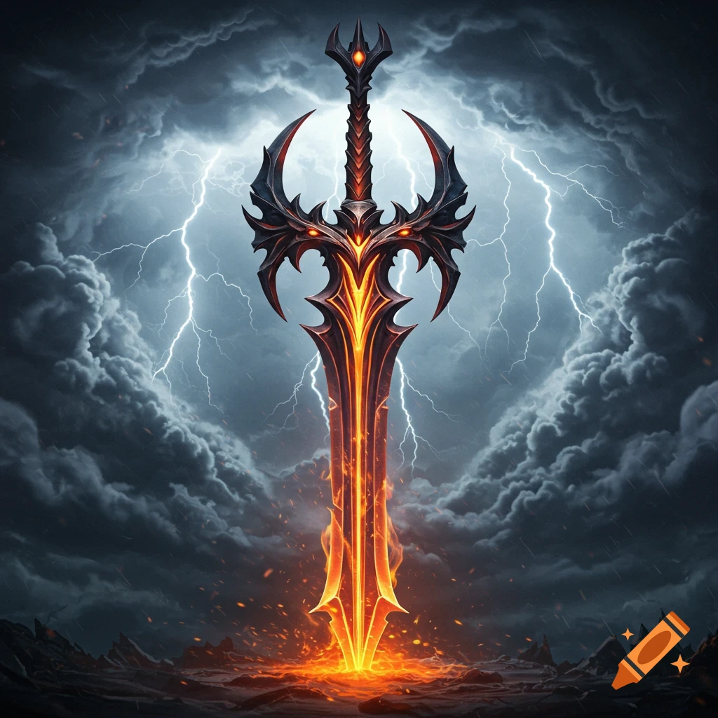 A spiky, dark fantasy sword glows with fire and lava, plunged into scorched earth under a stormy, lightning-filled sky.