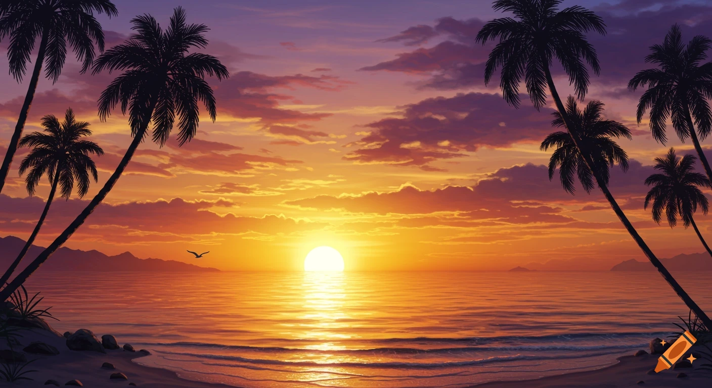 Stylized illustration of a tropical beach sunset with silhouetted palm trees, a bright sun over the ocean, and colorful clouds.