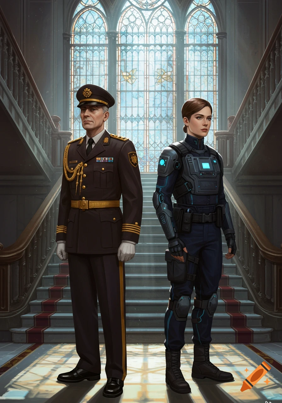 Two officers, one in a traditional uniform and one in futuristic armor, stand in a grand hall.