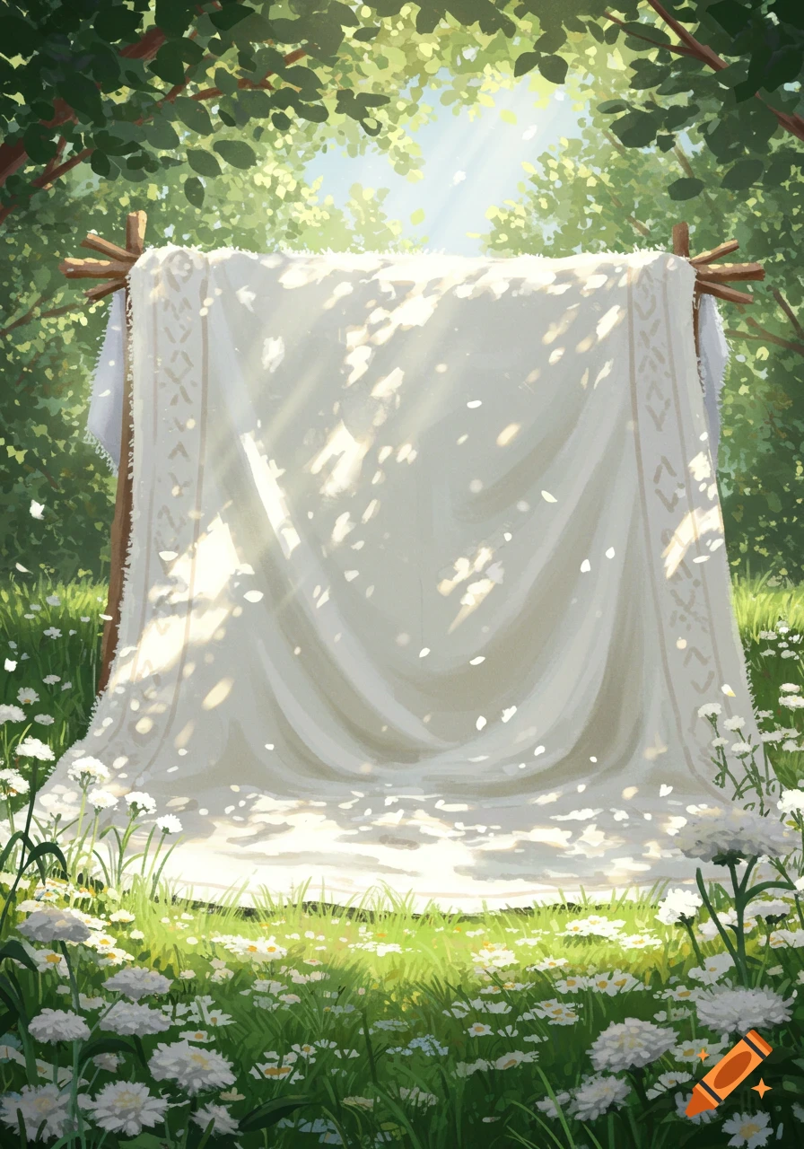 A white fabric hangs draped over a wooden frame in a sunny, green field filled with white flowers, under a canopy of trees.