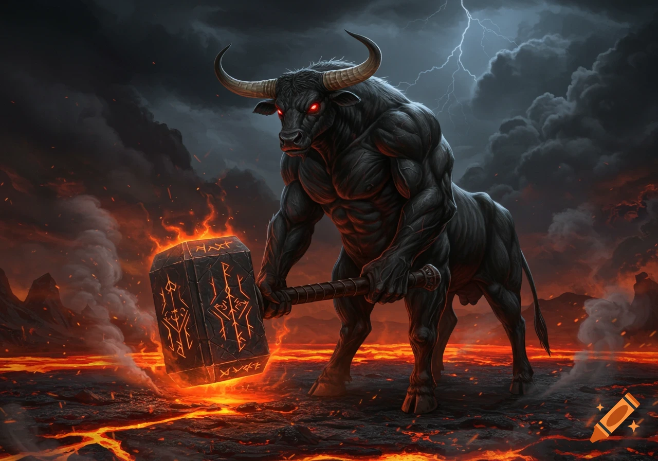 A muscular black minotaur-like demon with red eyes holds a flaming runic hammer in a lava landscape under a stormy, lightning sky. Fantasy art.
