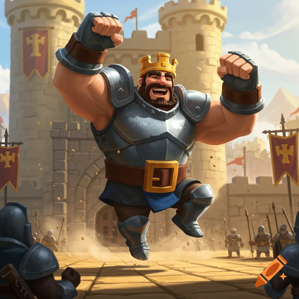 A cartoonish armored king with a beard and crown jumps in triumph with fists raised, confetti falling, in front of a castle with soldiers.