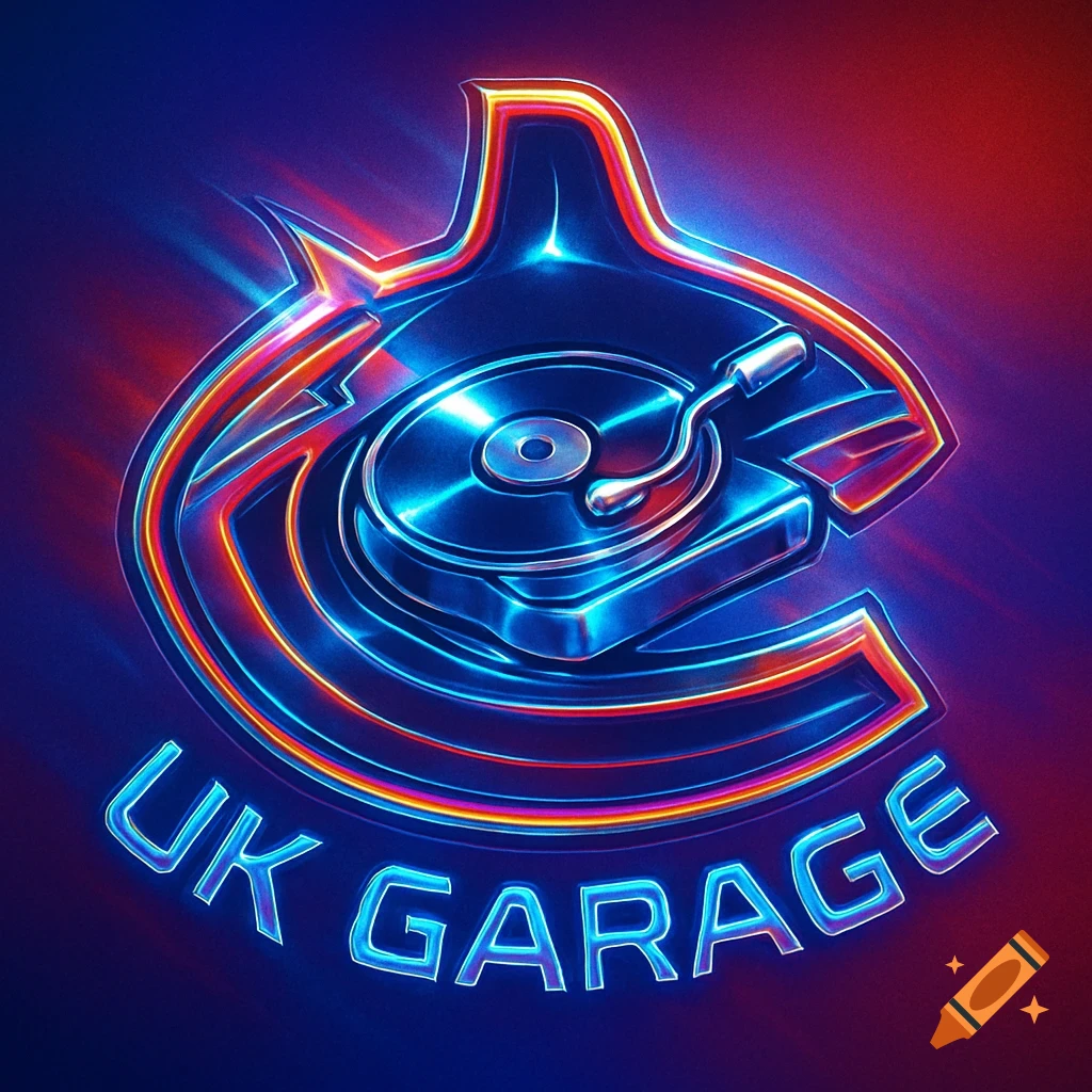 Neon blue and red glowing metallic logo featuring a stylized C-shape with a turntable and 'UK GARAGE' text.
