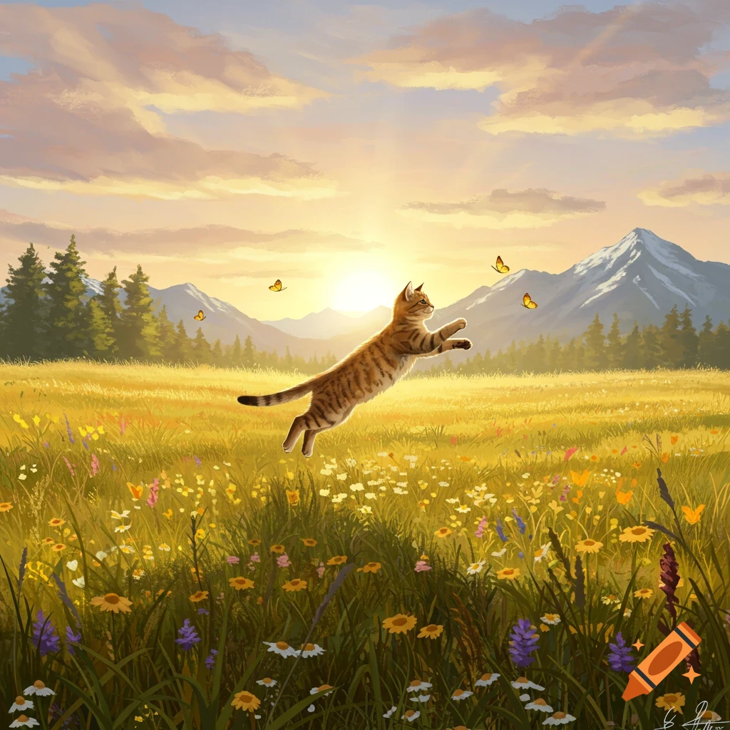 A striped tabby cat leaps across a golden field of wildflowers during a vibrant sunrise, with mountains in the background.