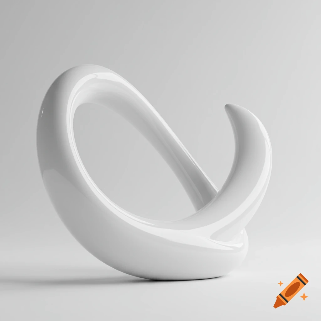 A white abstract sculpture with smooth curves in a minimalist 3D render style on a white background.