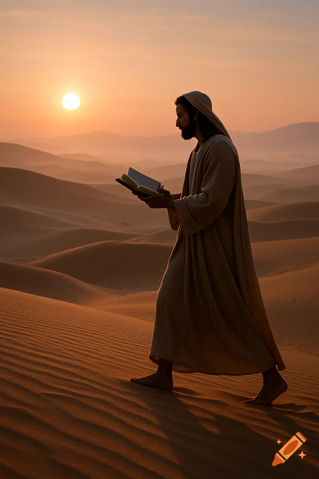 A robed man walks barefoot through sand dunes at sunset, reading an open book. Photorealistic.