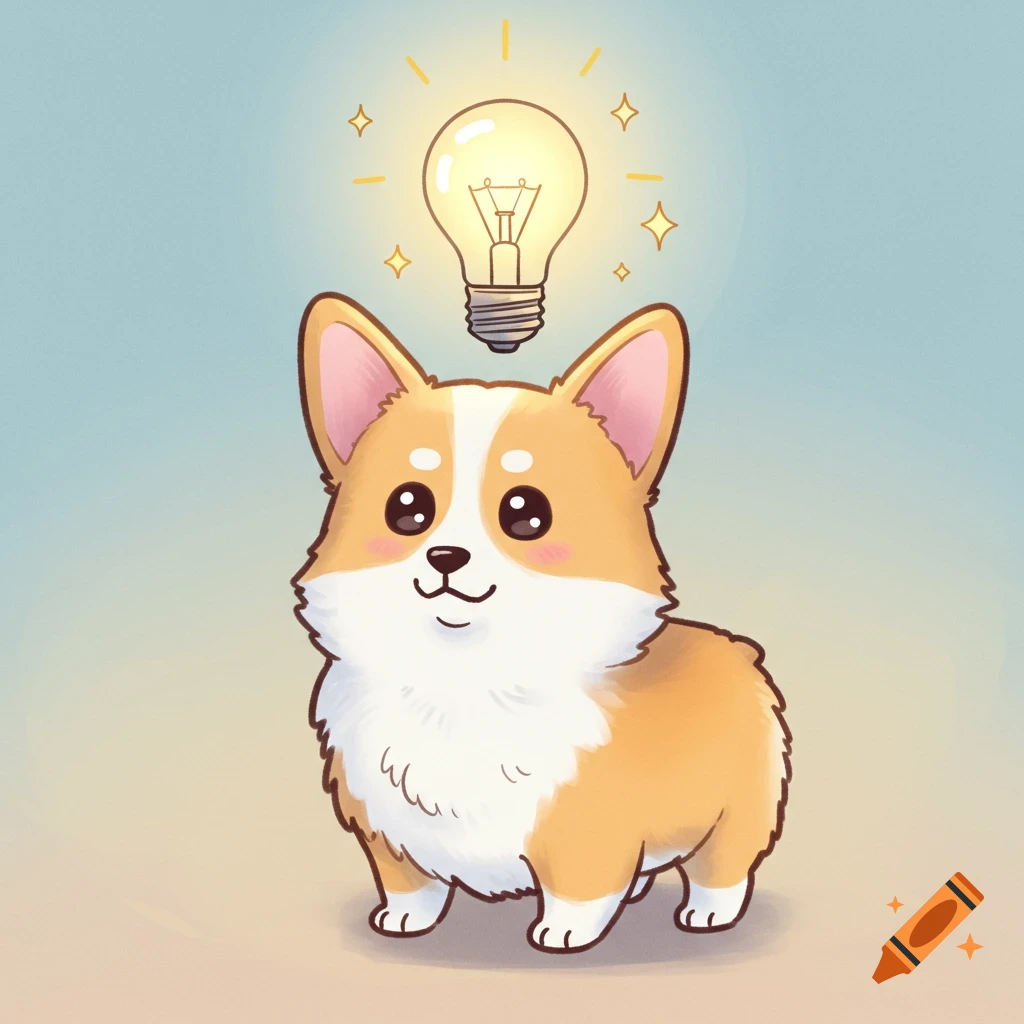 A cute cartoon Pembroke Welsh Corgi with a glowing lightbulb above its head, symbolizing a bright idea.