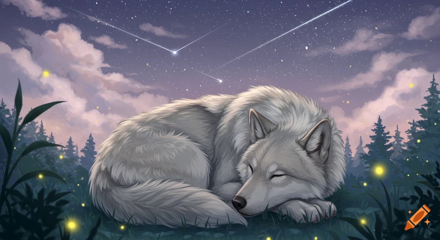 An illustrated gray wolf sleeps curled in a forest clearing, under a starry night sky with shooting stars and fireflies.