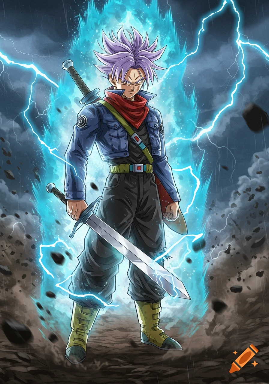 Anime character Trunks from Dragon Ball Super with purple hair, blue jacket, red scarf, and a sword, surrounded by blue energy and lightning.
