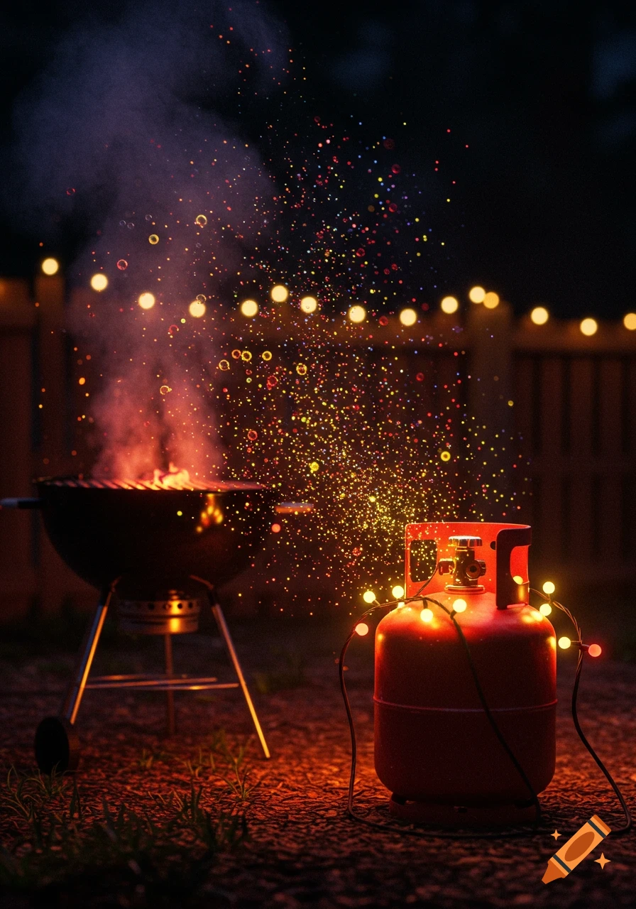 A night scene of a barbecue grill and a propane tank wrapped in string lights, with glowing smoke and colorful sparks rising into the dark sky.